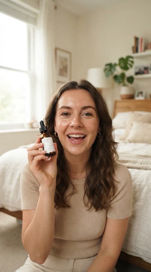 A creator holding a serum bottle, talking to the camera